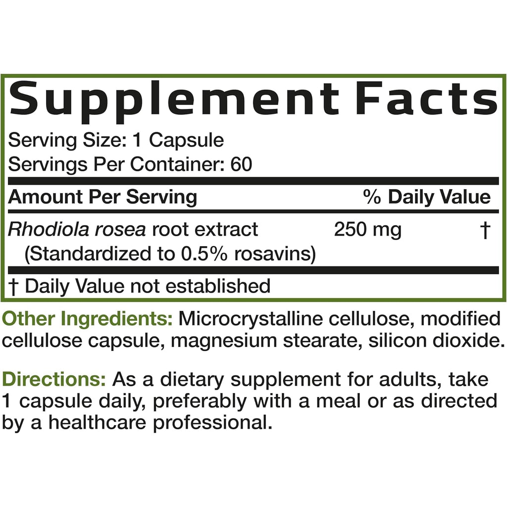 Bronson Rhodiola Rosea Vegetarian Capsules - Adaptogenic Herb - Brain, Stress & Mood Support - Non-Gmo, 60 Count