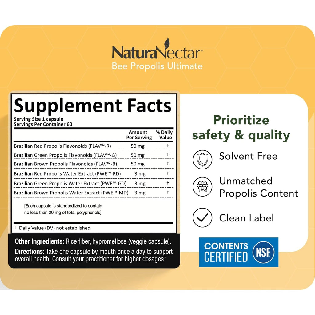 Naturanectar - Ultimate Bee Propolis Capsules - NSF Contents Certified -Brazilian Red, Brown, & Green - Gluten-Free Supplement with Flavonoids - Naturally Sourced through Ethical Beekeeping (60Pcs.)