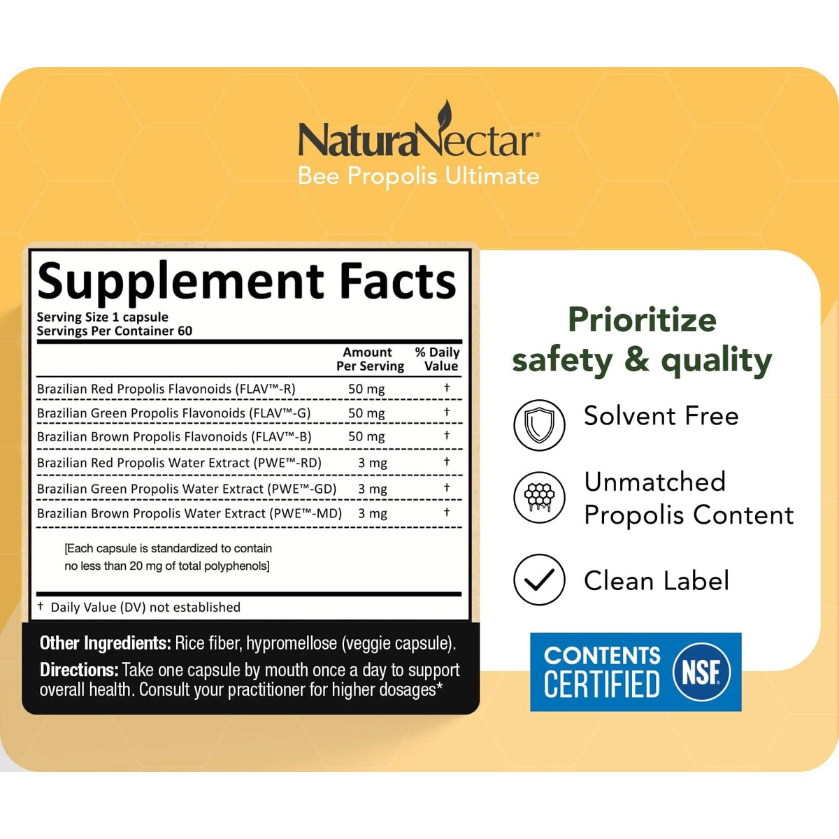 Naturanectar - Ultimate Bee Propolis Capsules - NSF Contents Certified -Brazilian Red, Brown, & Green - Gluten-Free Supplement with Flavonoids - Naturally Sourced through Ethical Beekeeping (60Pcs.)
