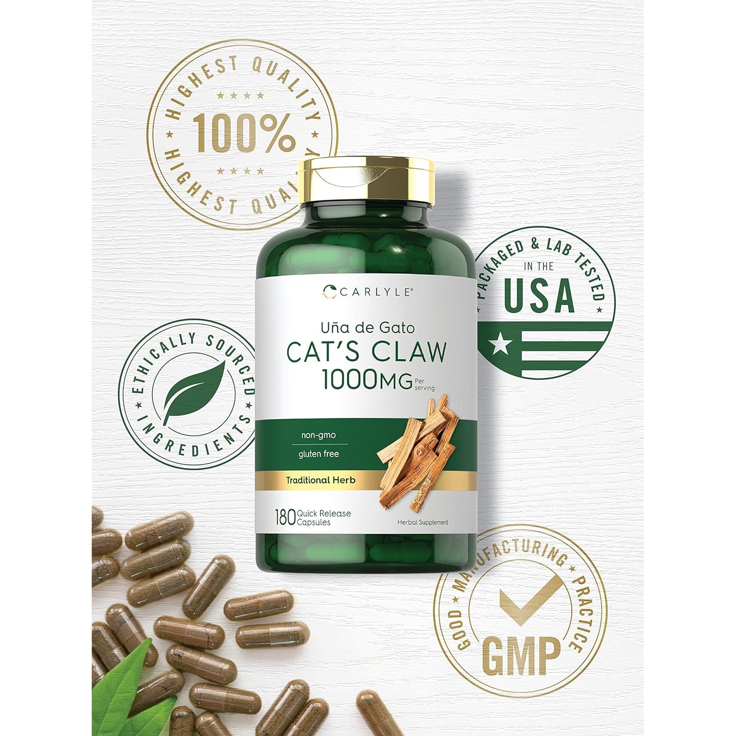 Carlyle Cat'S Claw Herb Capsules 1000Mg | 180 Count | Uncaria Tomentosa | Non-Gmo, Gluten Free Supplement