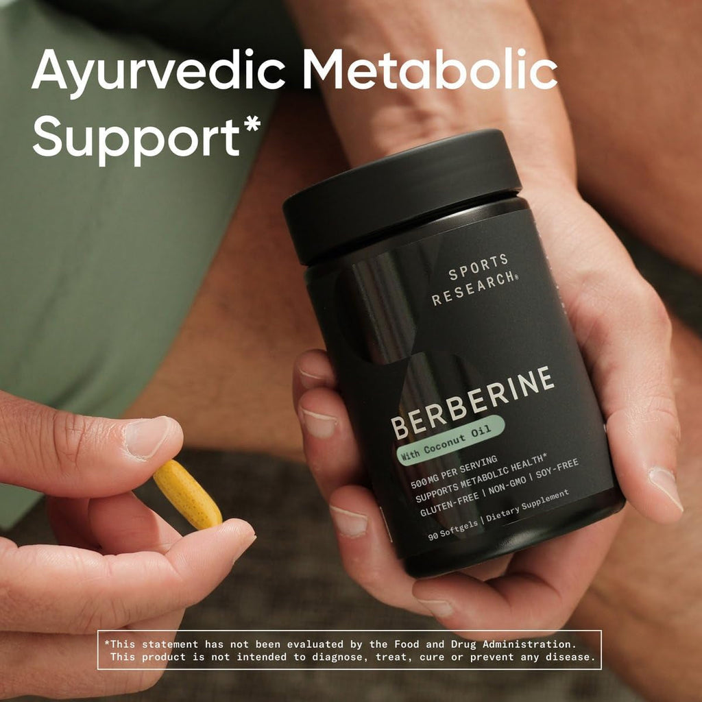 Sports Research Berberine Supplement with Coconut Oil - Herbal & Ayurvedic Metabolic Health Support - Berberine 500Mg, 90 Softgels - Gluten-Free, Non-Gmo Berberine Powder