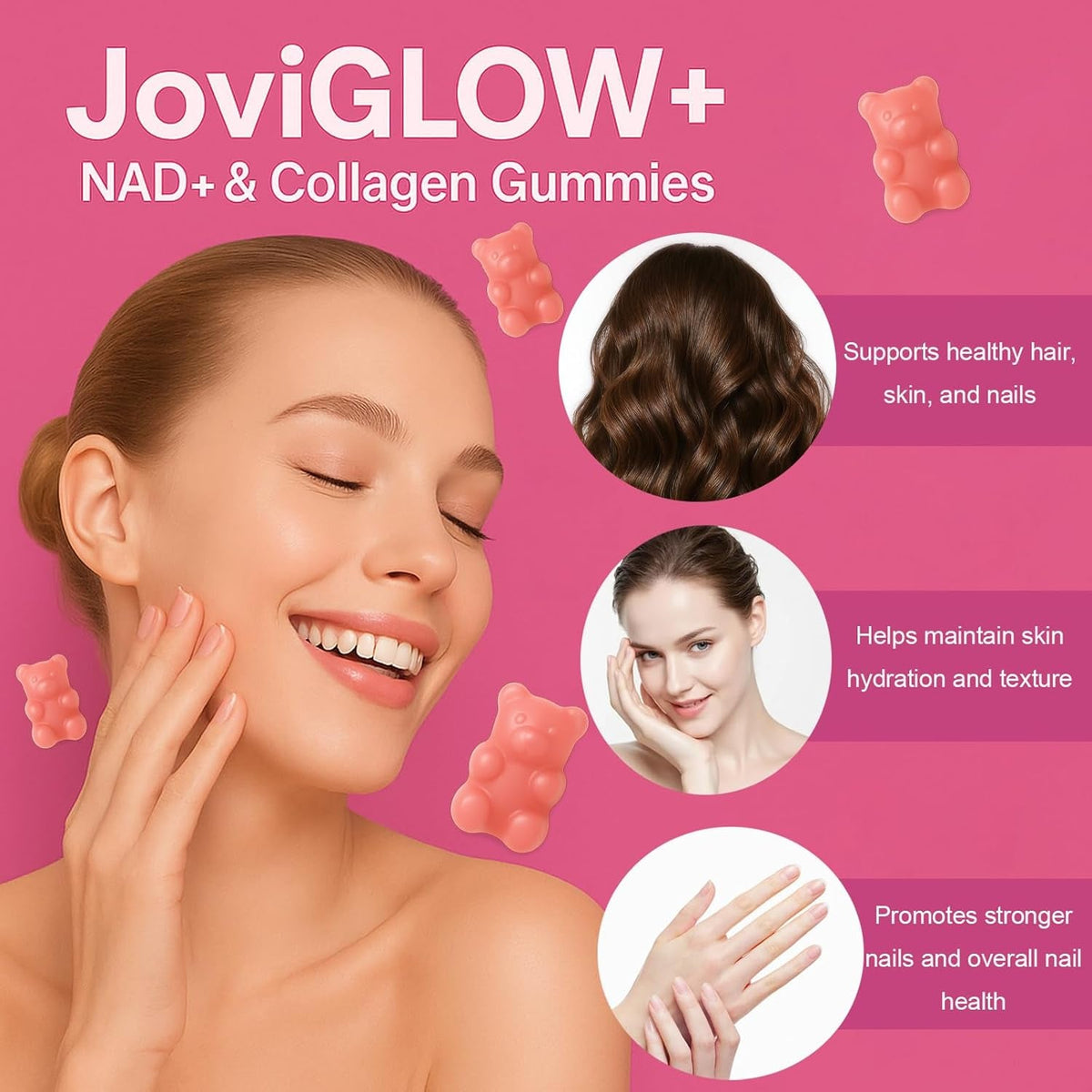 AIFBENK Jovi Glow+ NAD+ & Collagen Gummies, with Hydrolyzed Collagen Peptides, Resveratrol, Hyaluronic Acid & Vitamin C, Anti-Aging, Supports Skin, Hair & Nail Wellness, Daily Vitality Gummies