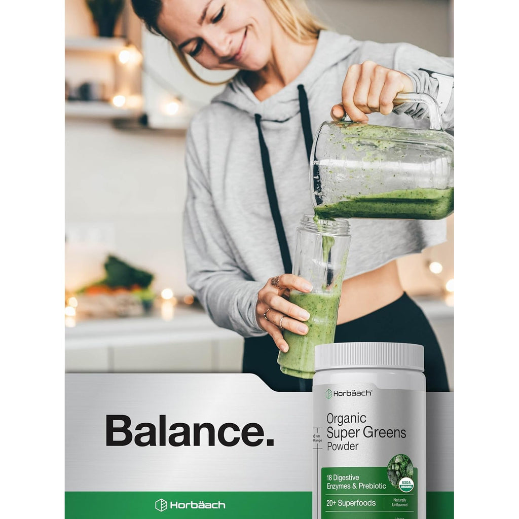 Horbäach Organic Greens Powder | 5.29 Oz Supplement | with 20+ Superfoods, 18 Digestive Enzymes, and Prebiotics | Relieves Occasional Gas, Discomfort & Bloating | Vegan, and Non-Gmo