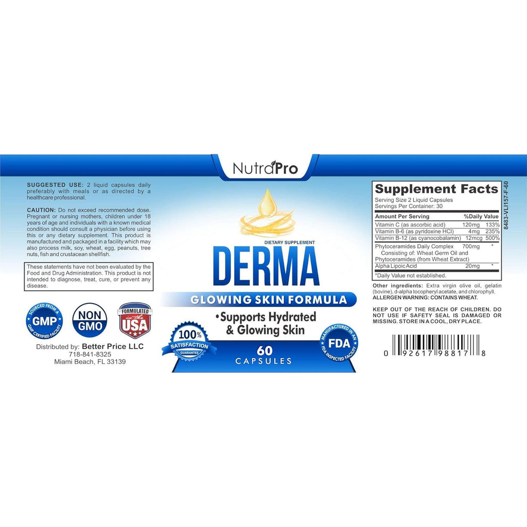 Dermal Repair Complex for Hydrated, Glowing Skin –Anti Aging Supplement with Phytoceramides & Alpha Lipoic Acid. Fast Results Hydration Pills Enhances Smoothness & Reduces Wrinkles. 60 Liquid Capsules
