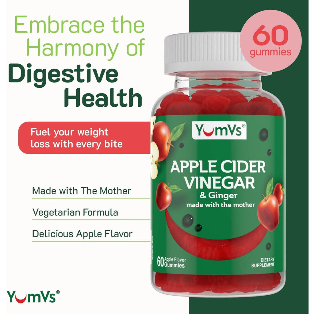 YUM-V'S Apple Cider Vinegar Gummies – ACV Gummies with Ginger & the Mother – Supports Metabolism, Vitality & Daily Wellness – Natural Apple Flavor Vegan, Non-Gmo, Gluten-Free, Cider Gummy – 60 Count