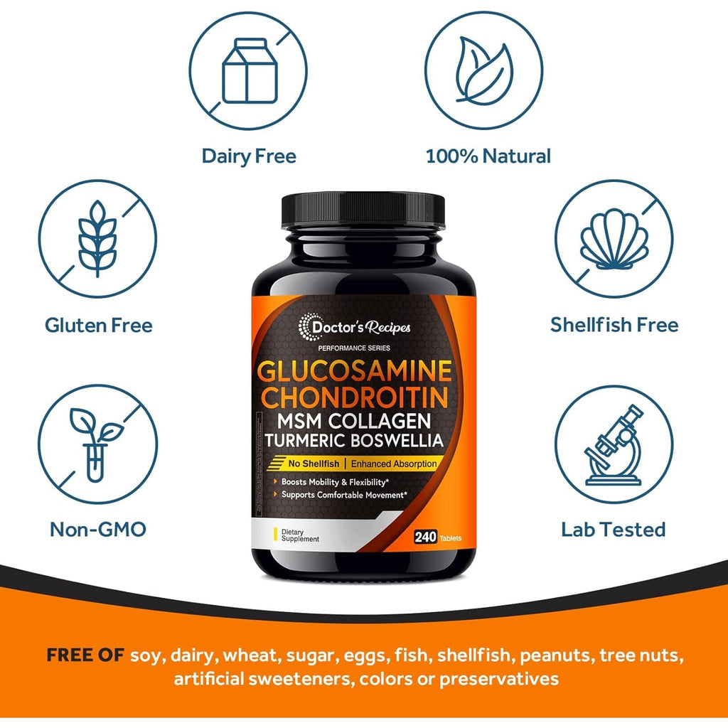Doctor'S Recipes Glucosamine Chondroitin MSM Turmeric Quercetin, Movement Support Supplement for Men & Women, with Black Pepper for High Absorption, Mobility & Flexibility, No Shellfish, 240 Tablets