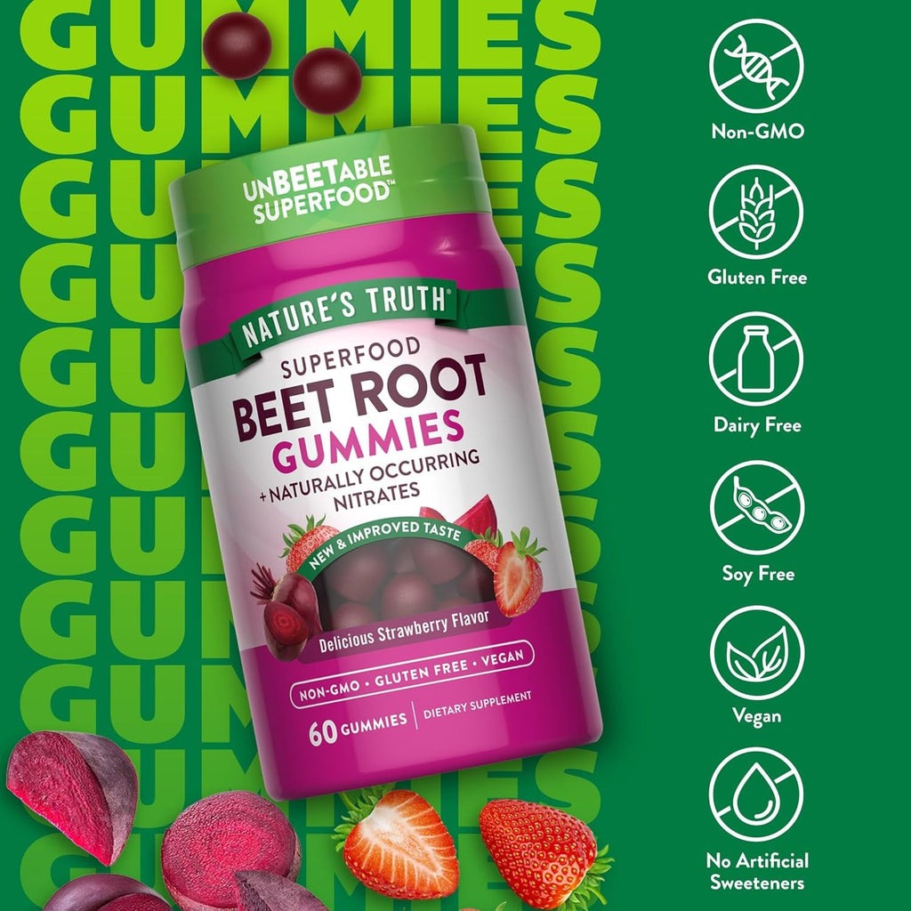 Nature'S Truth Beet Root Gummies | 60 Count | Superfood | with Black Pepper | Strawberry Flavor | Vegan, Non-Gmo & Gluten Free Supplement