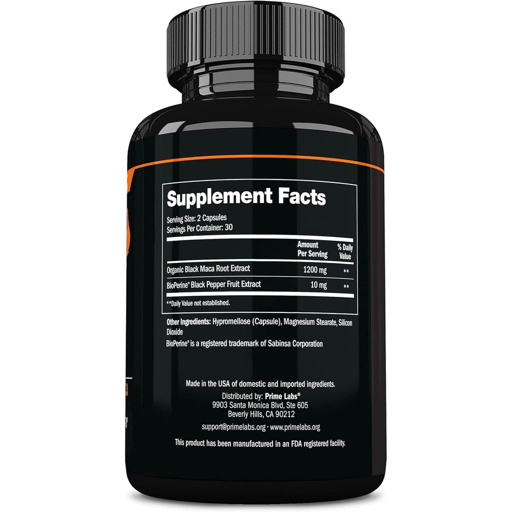 Prime Labs Organic Black Maca Root Capsules 1,200Mg - Stamina, Drive, Energy, Vitality - Peruvian 20:1 Extract - for Men & Women - 60 Count