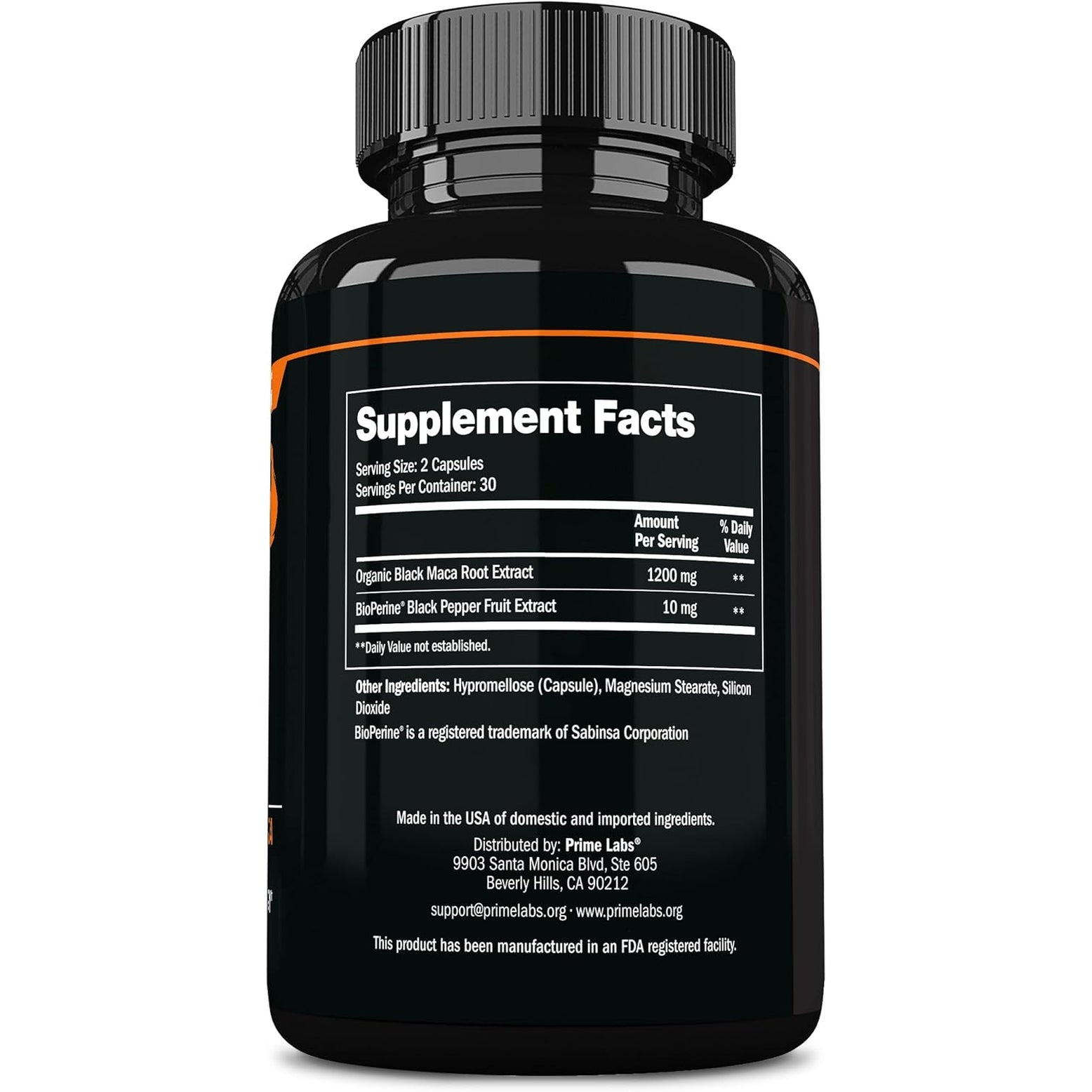 Prime Labs Organic Black Maca Root Capsules 1,200Mg - Stamina, Drive, Energy, Vitality - Peruvian 20:1 Extract - for Men & Women - 60 Count
