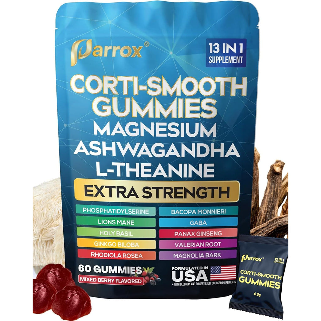 Corti-Smooth Cortisol Support Gummies with Magnesium, L-Theanine, Ashwagandha, Phosphatidylserine, Bacopa Monnieri, Lions Mane, Ginkgo Biloba, Valerian Root (60 Gummies - Mixed Berry Flavor)