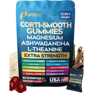 Corti-Smooth Cortisol Support Gummies with Magnesium, L-Theanine, Ashwagandha, Phosphatidylserine, Bacopa Monnieri, Lions Mane, Ginkgo Biloba, Valerian Root (60 Gummies - Mixed Berry Flavor)