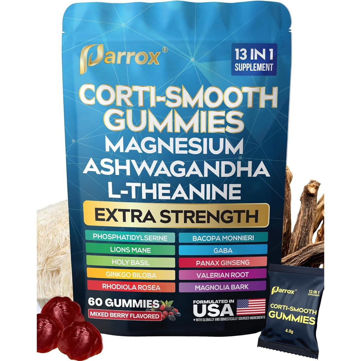 Corti-Smooth Cortisol Support Gummies with Magnesium, L-Theanine, Ashwagandha, Phosphatidylserine, Bacopa Monnieri, Lions Mane, Ginkgo Biloba, Valerian Root (60 Gummies - Mixed Berry Flavor)