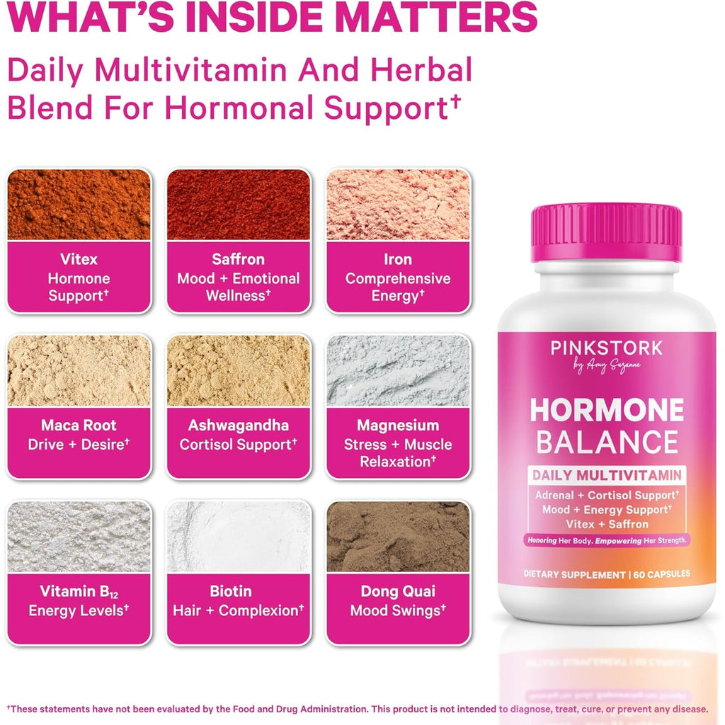 Pink Stork Hormone Balance Multivitamin for Women | 18-In-1 Vitex, Saffron, Ashwagandha, Magnesium | Mood, Energy, Cortisol, Adrenal Support | PMS, Perimenopause Support | 60 Vegan Capsules