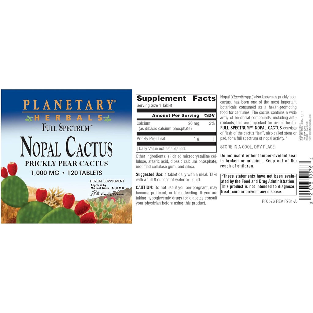 Planetary Herbals Full Spectrum Nopal Cactus, Prickly Pear Cactus, 1000 Mg, with Prickley Pear Leaf - 120 Tablets