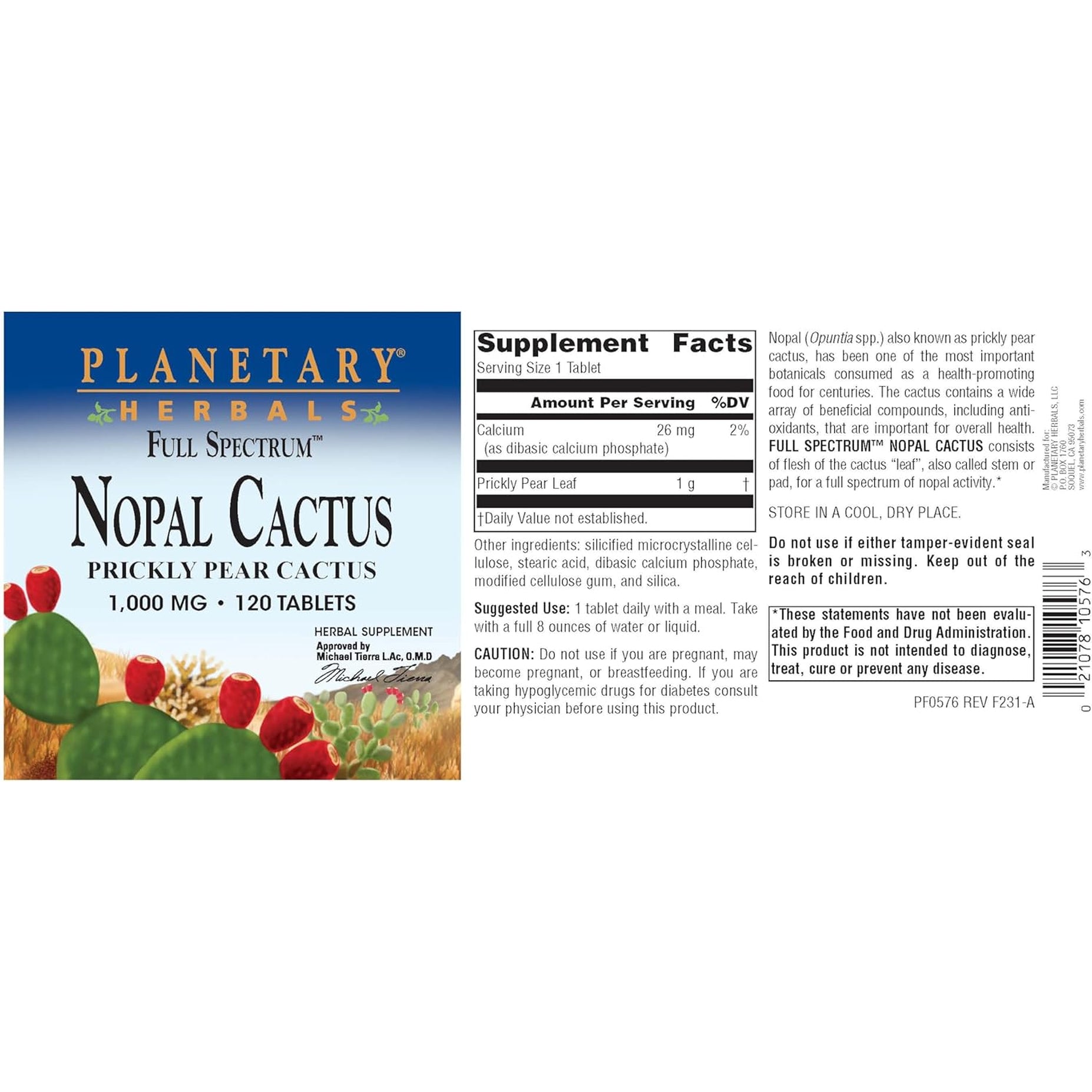 Planetary Herbals Full Spectrum Nopal Cactus, Prickly Pear Cactus, 1000 Mg, with Prickley Pear Leaf - 120 Tablets