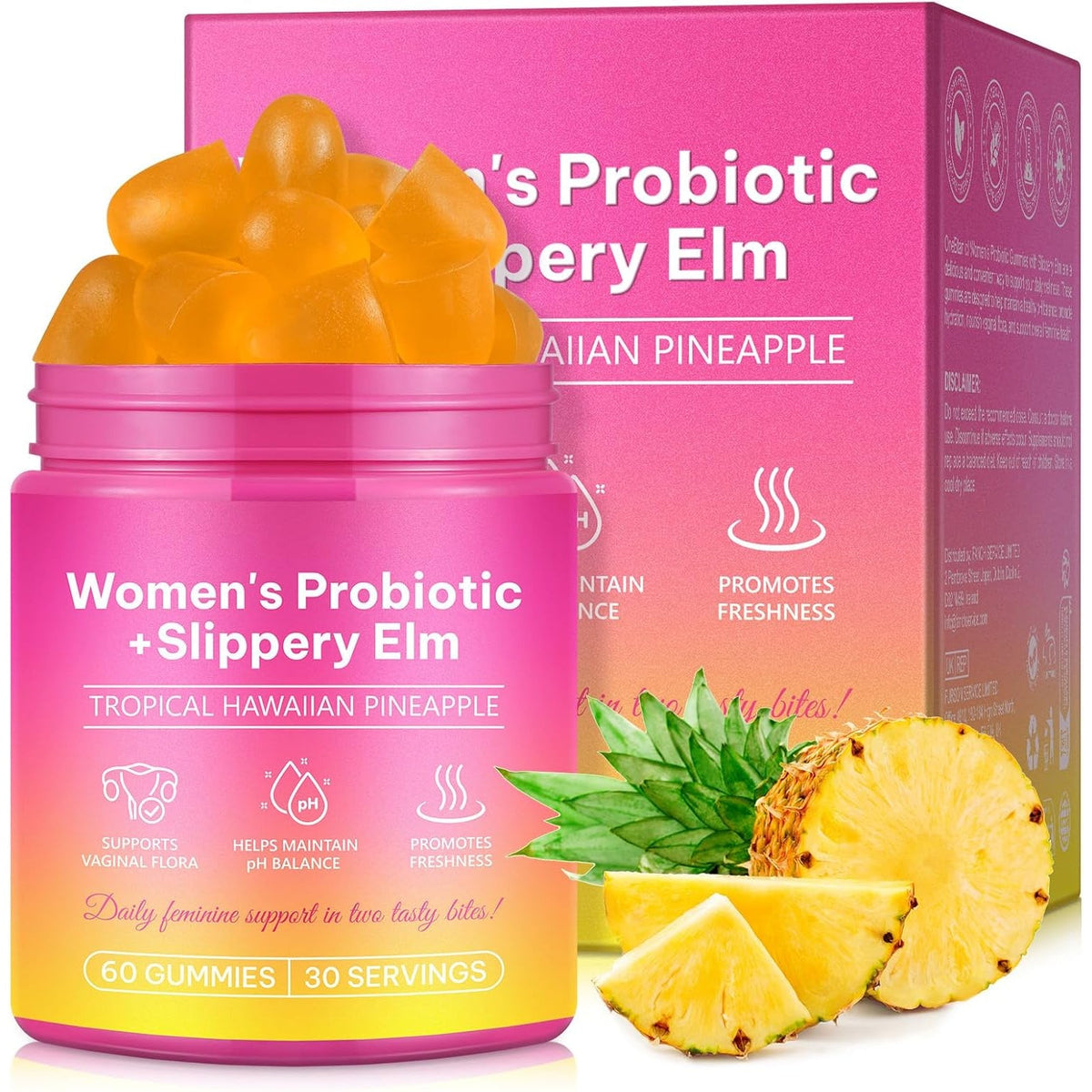Vaginal Probiotics Gummies for Feminine PH Balance, Vaginal Hydrating, Promoting Vaginal Flora Health, Fresh Odor with Prebiotics & Lactobacillus Probiotic, Hawaiian Pineapple, Plant Based|60 Gummies