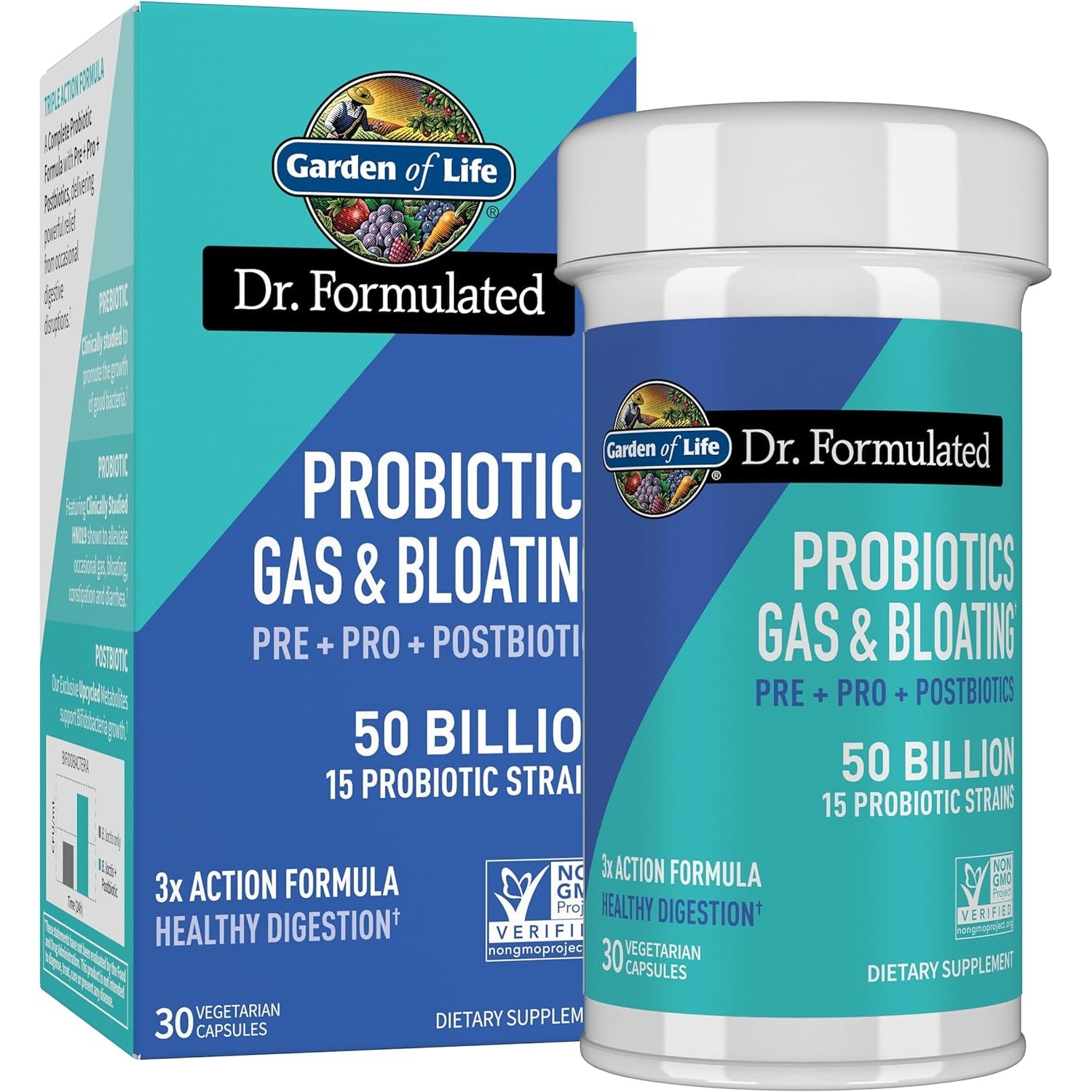 Garden of Life Dr. Formulated Pre, Post & Probiotics Gas & Bloating Once Daily 3-In-1 Complete Prebiotics, Postbiotics & Probiotics – 50 Billion CFU, Non-Gmo, Gluten-Free, 30 Day Supply