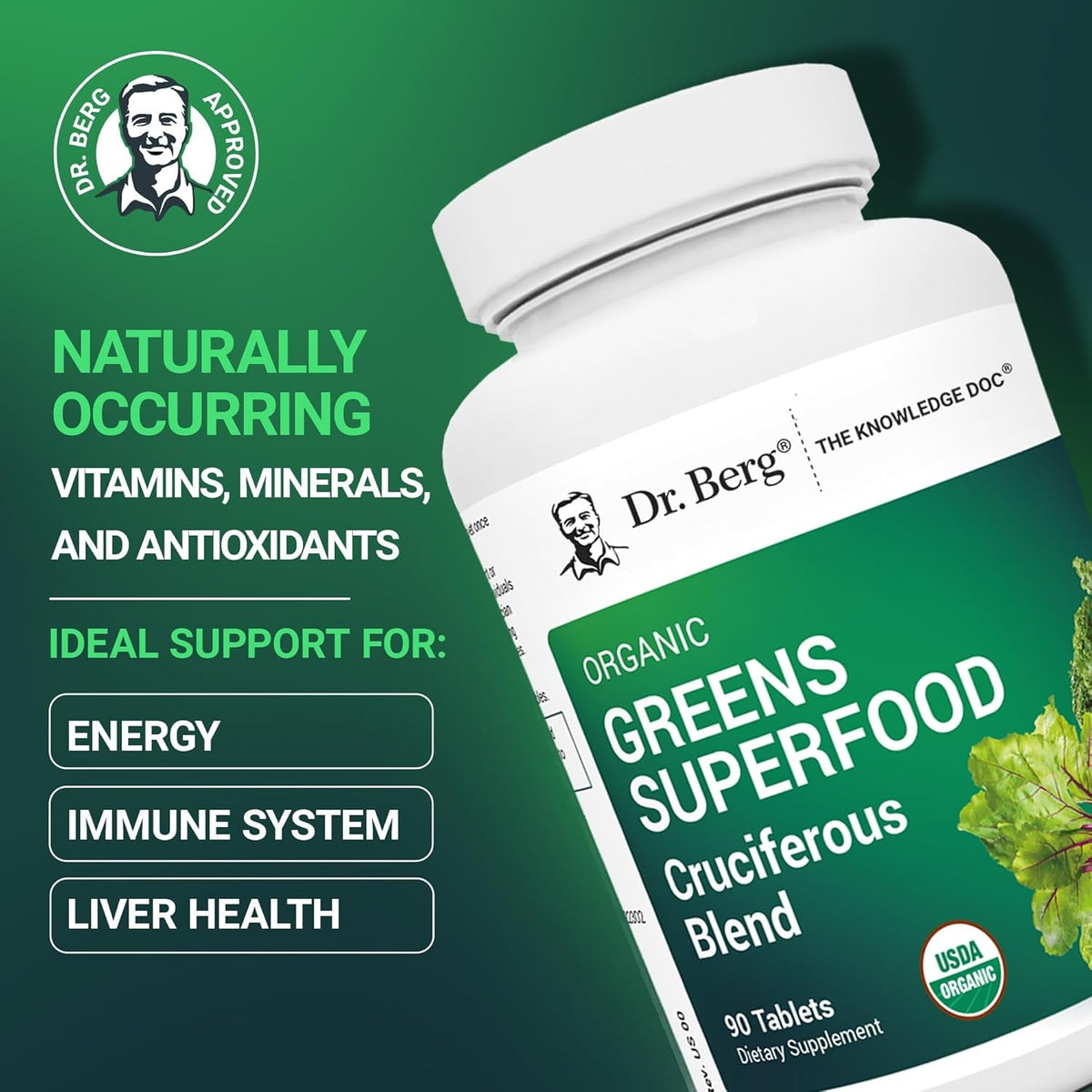 Dr. Berg'S Greens Superfood Cruciferous Vegetable Tablets - Vegetable Supplements for Adults W/ 11 Phytonutrient Super Greens - Energy, Immune System & Liver Veggie Tablets - 90 Tablet