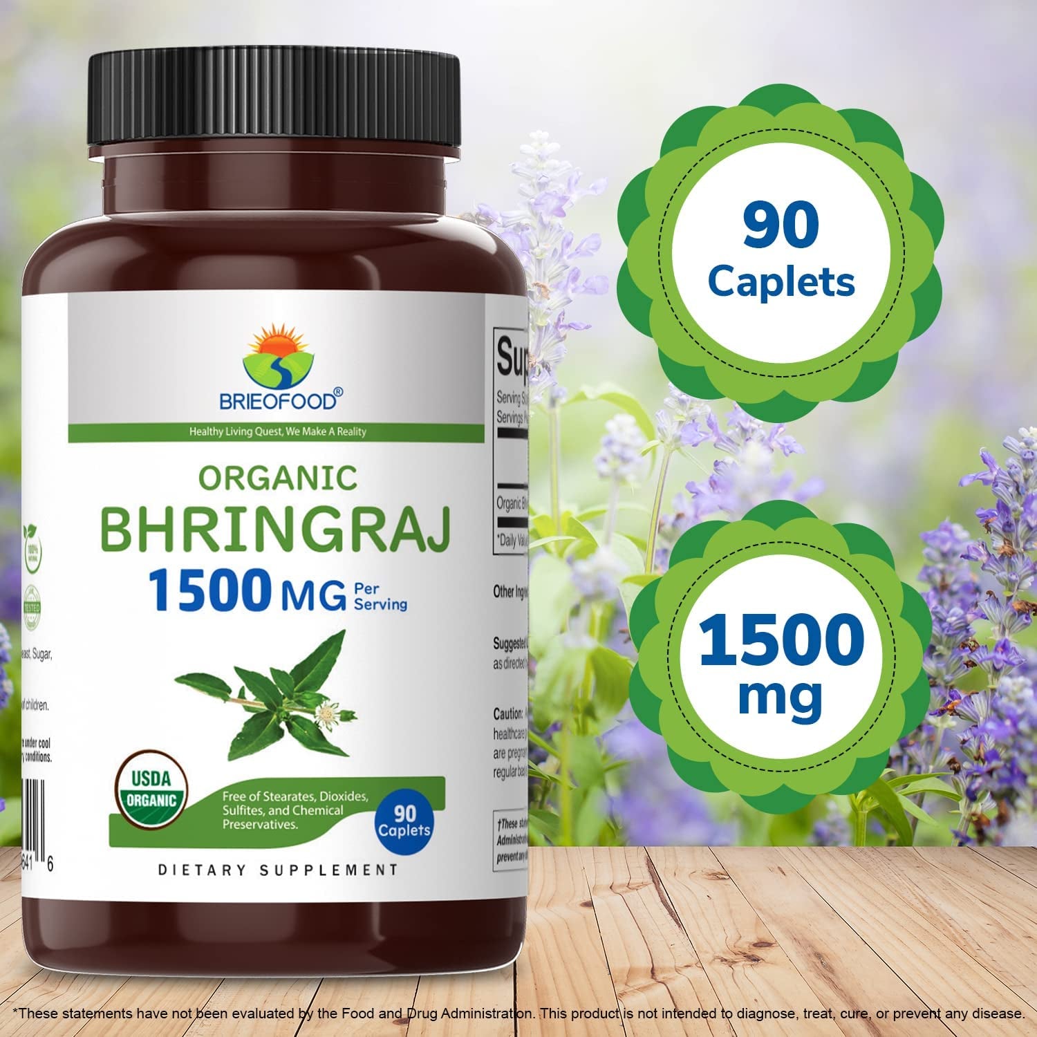 Brieofood Organic Bhringraj 1500Mg, 45 Servings, Vegetarian, Gluten Free, 90 Vegetarian Tablets