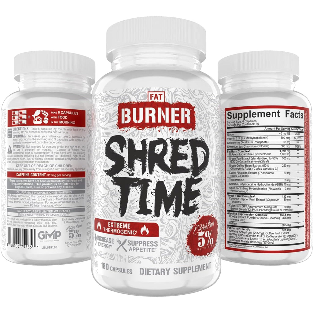 5% Nutrition Shred Time Fat Burner | Green Tea, Coffee Bean, Cayenne, Theobromine, GBB | Appetite Suppression | 30 Servings (180 Capsules)
