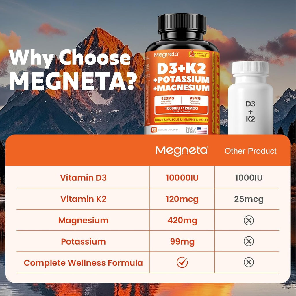Vitamin D3 K2 (MK-7) 10,000 IU with Magnesium Glycinate & Potassium Supplement - Systemic Complex for Bone, Muscle, Heart, Immune, Energy & Sleep Support – High Absorption, 60 Capsules