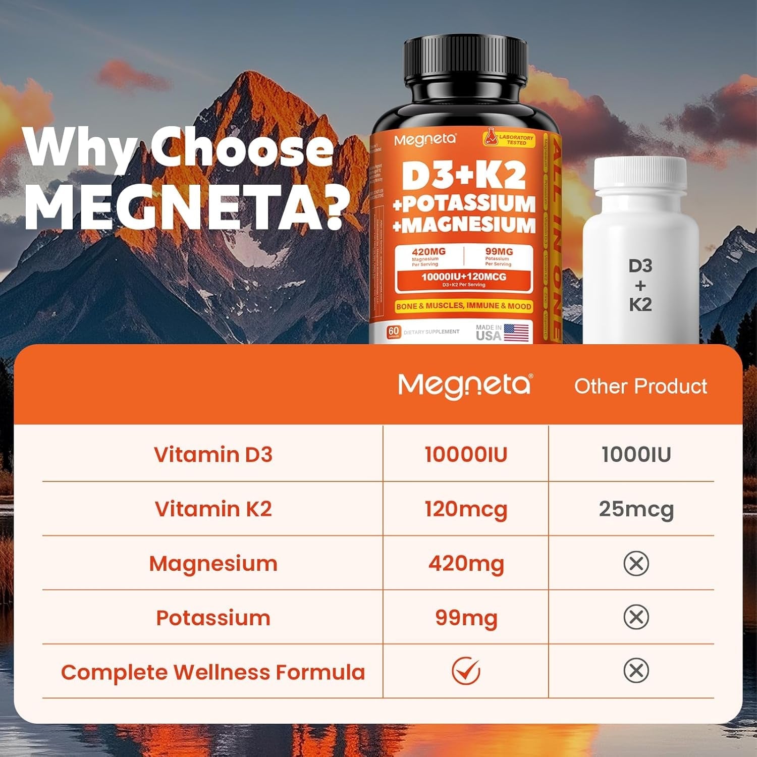 Vitamin D3 K2 (MK-7) 10,000 IU with Magnesium Glycinate & Potassium Supplement - Systemic Complex for Bone, Muscle, Heart, Immune, Energy & Sleep Support – High Absorption, 60 Capsules