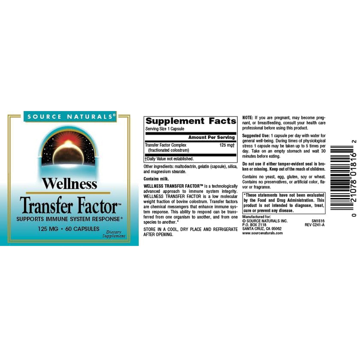 Source Naturals Wellness Transfer Factor, Supports Immune System Response* 125Mg, 60 Capsules