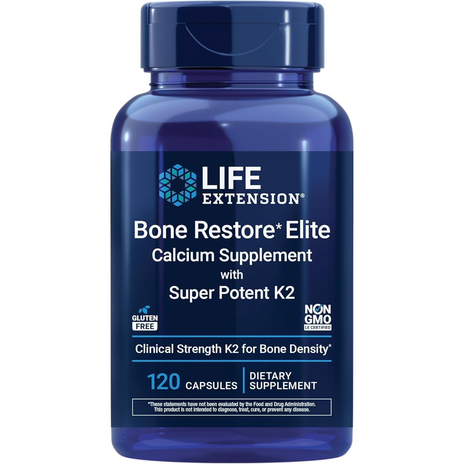 Life Extension Bone Restore Elite Calcium Supplement with Super Potent K2, Calcium, Vitamin D3, Magnesium, Boron, Zinc, Vitamin K2, for Bone Health, Gluten-Free, Non-Gmo, 120 Capsules
