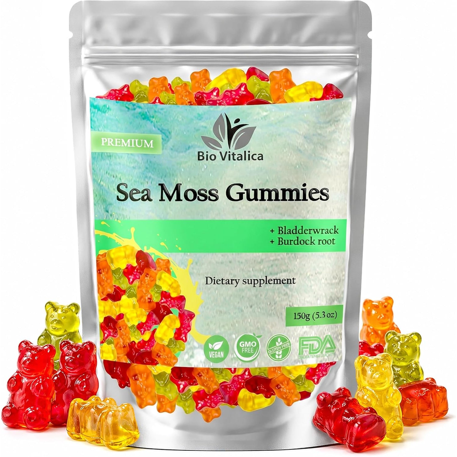 Sea Moss Gummies - Irish Sea Moss Raw Organic, Bladderwrack, Burdock Root. Contains Sea Moss Gel and Powder. Superfoods for Vegan, Keto and Dr Sebi Diet. Immune Boosting (1, Original)