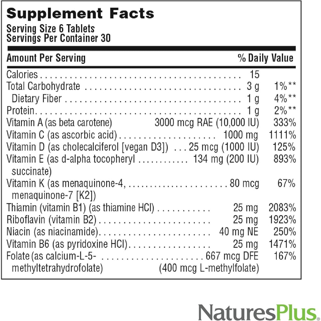 Naturesplus Source of Life No Iron - 180 Mini-Tabs - Multivitamin & Mineral Supplement - Supports Natural Energy & Overall Well-Being - Gluten Free, Vegetarian - 30 Servings