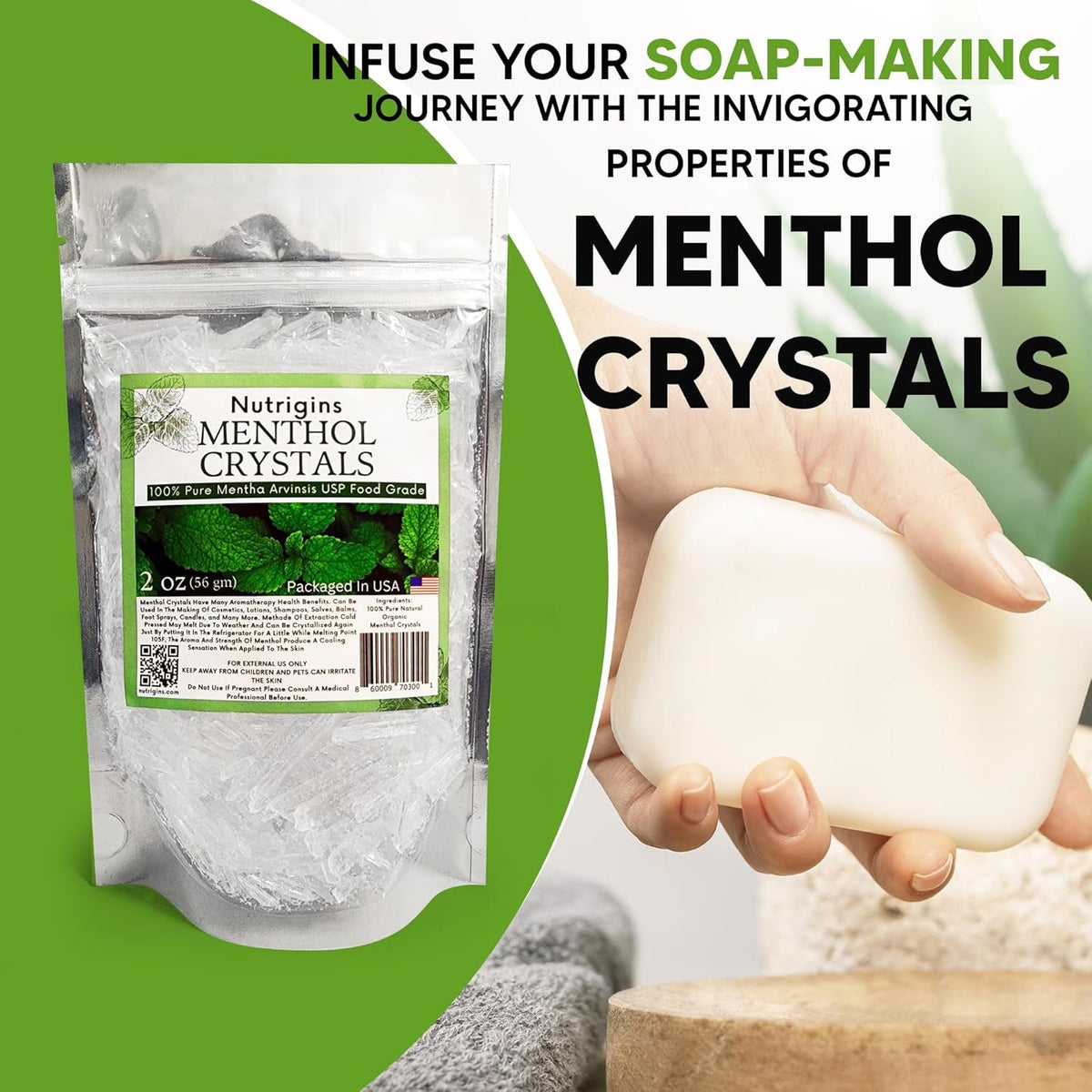Menthol Crystal 2 Oz - Pure Organic 100% Natural - Menthol Crystals from Mint Crystal Mints Mentha Arvensis - Comes in Resealable Standup Bag for Long-Lasting Freshness