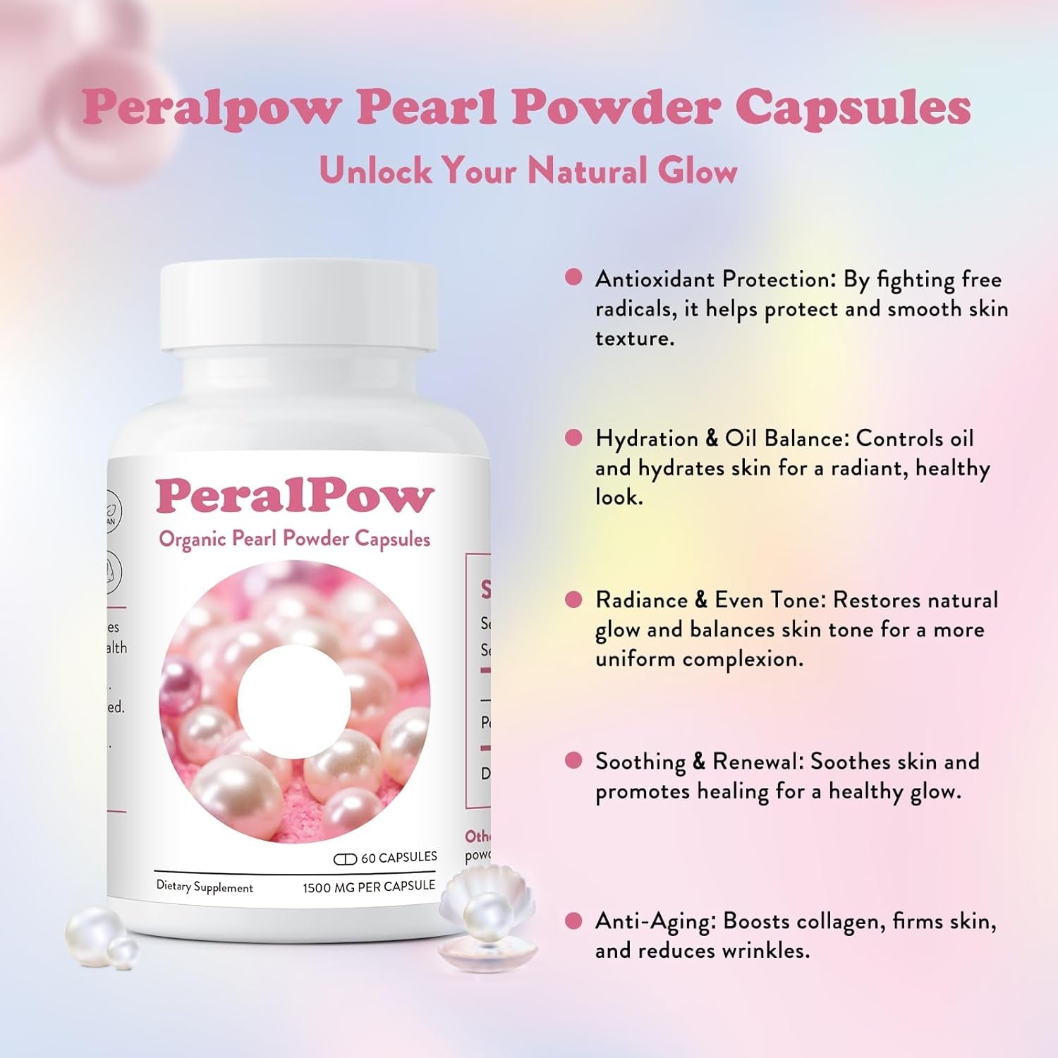Organic Pearl Powder Capsules 1500Mg | Premium Pearl Extract for Skin Radiance, Eye Wellness & Nail Resilience | 100% Natural Calcium & Amino Acids | Non-Gmo, Vegan, 60 Capsules