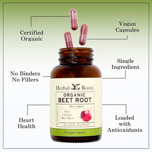 Herbal Roots Organic Beet Root Powder Capsules - 1,500Mg per Serving - Certified USDA Organic - Non-Gmo - 60 Count Vegan Capsules