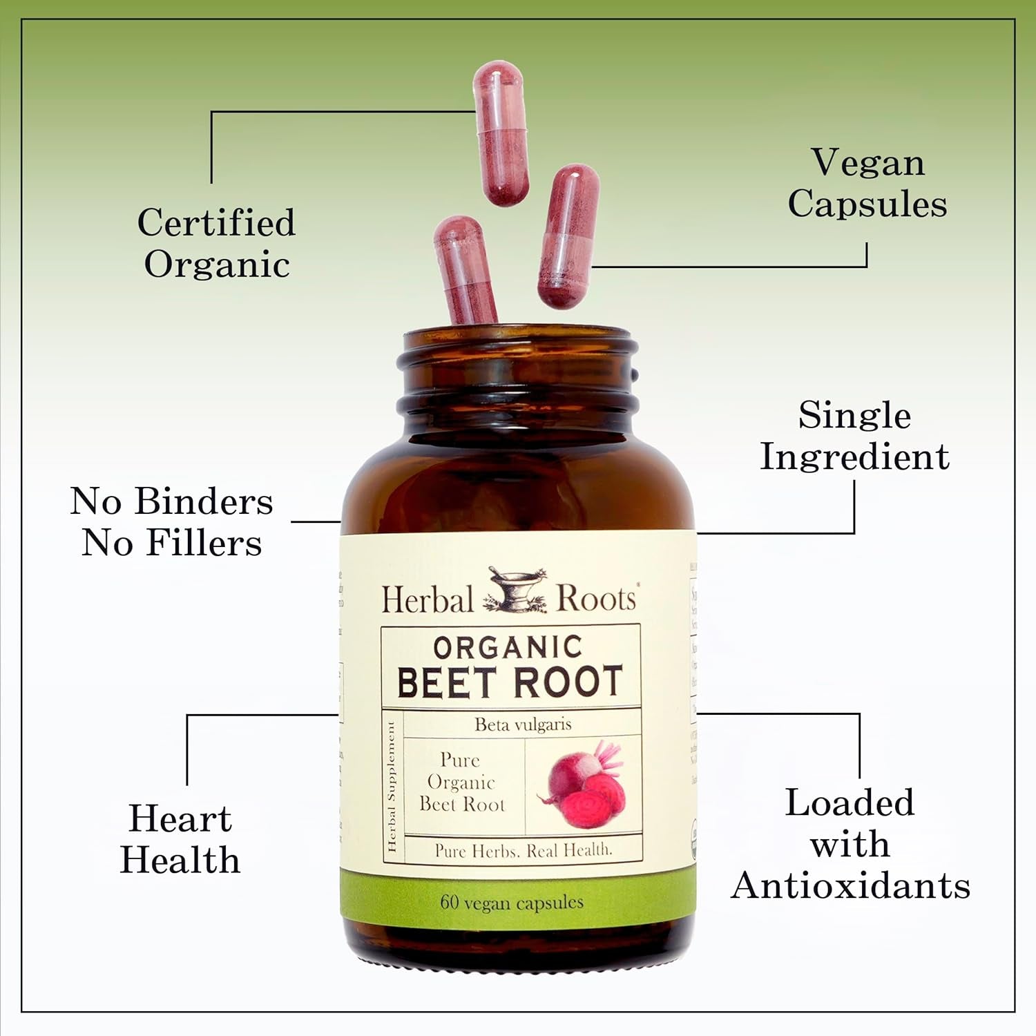Herbal Roots Organic Beet Root Powder Capsules - 1,500Mg per Serving - Certified USDA Organic - Non-Gmo - 60 Count Vegan Capsules