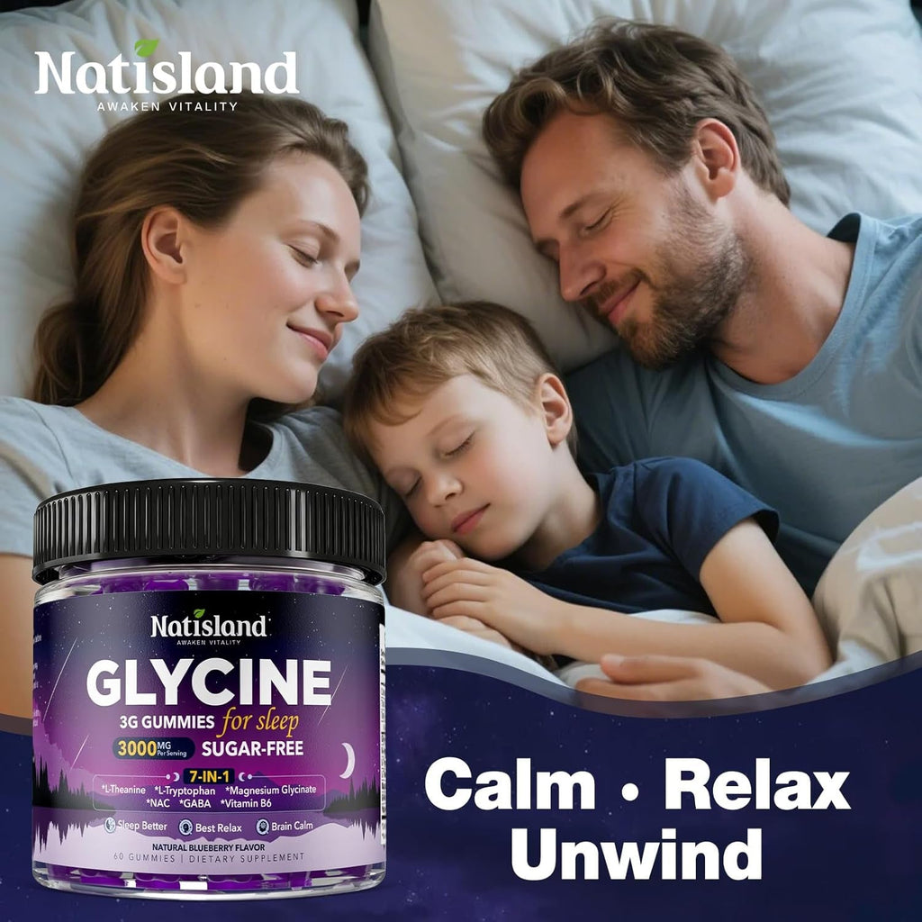 Glycine Gummies for Sleep, Glycine 3G Supplements with NAC, Magnesium Glycinate, L-Theanine, GABA, L Tryptophan, B6 for Relax, Nerve & Brain, Melatonin Free, Sugar Free, Vegan, Blueberry Flavor, 60 Ct
