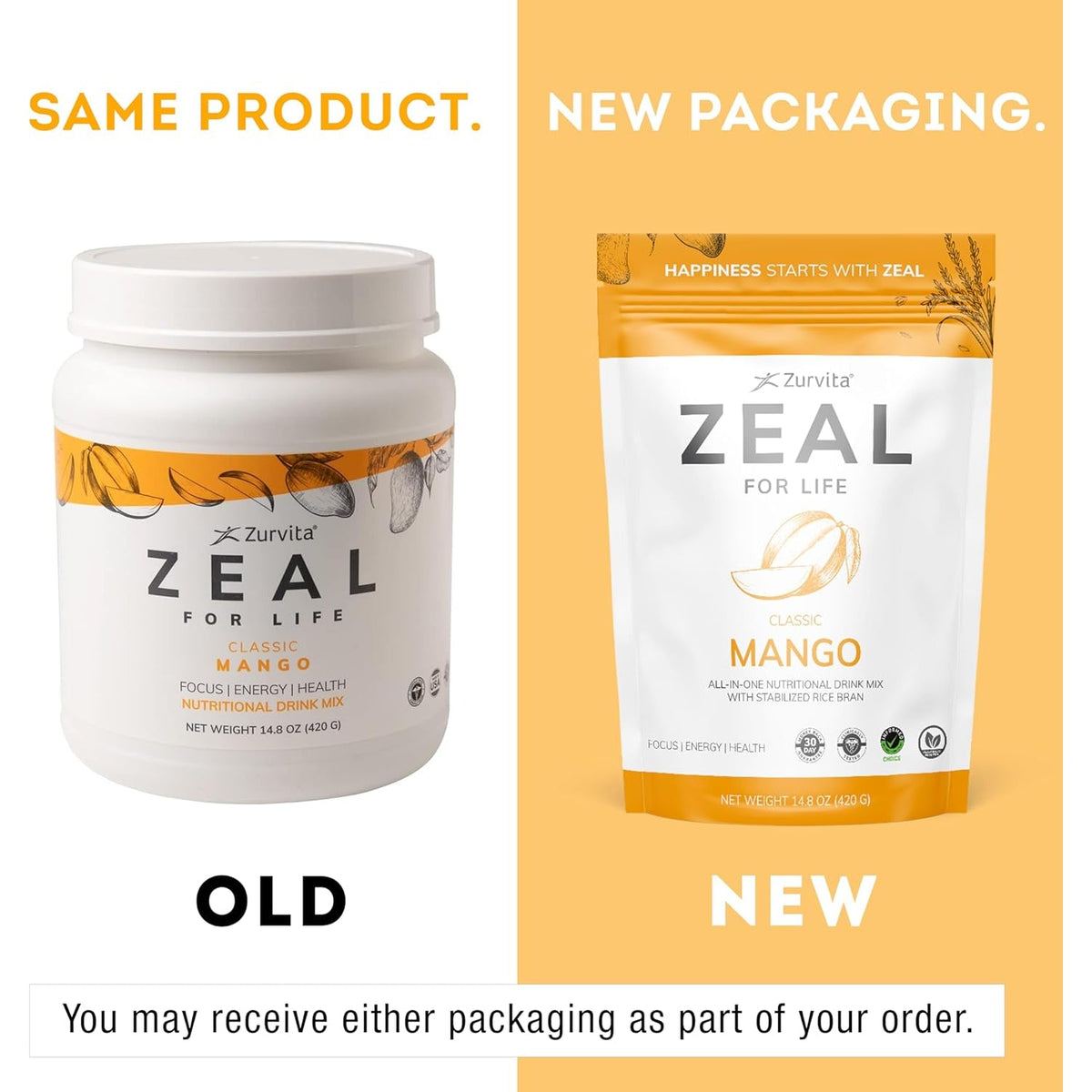 Zurvita Zeal for Life Wellness Drink Mix - Mango Flavor - Gluten-Free, Vegan, with Biotin, Vitamins B12, C, D, E, Iron, Magnesium - 30 Servings (420G)