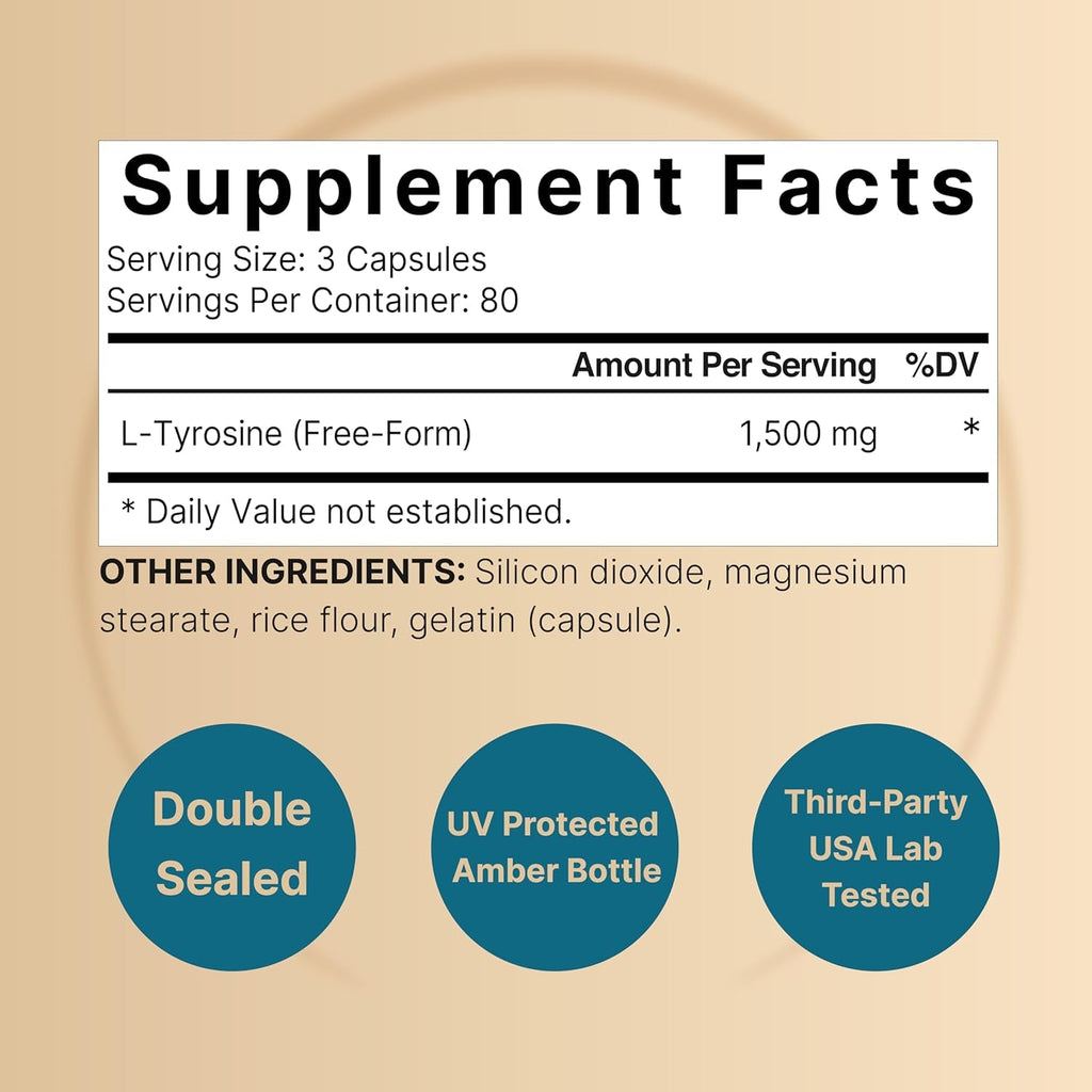 L Tyrosine Supplement, 1,500Mg per Serving, 240 Capsules | Essential Amino Acids – Brain Health Support for Memory, Cognitive Health, and Mental Alertness – Non-Gmo