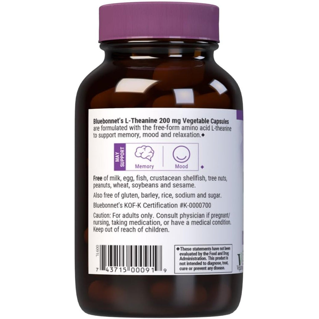 Bluebonnet Nutrition L-Theanine 200Mg, Free-Form Amino Acid, Promotes Relaxation*, Soy-Free, Gluten-Free, Non-Gmo, Kosher Certified, Vegan, 60 Vegetable Capsules, 60 Servings