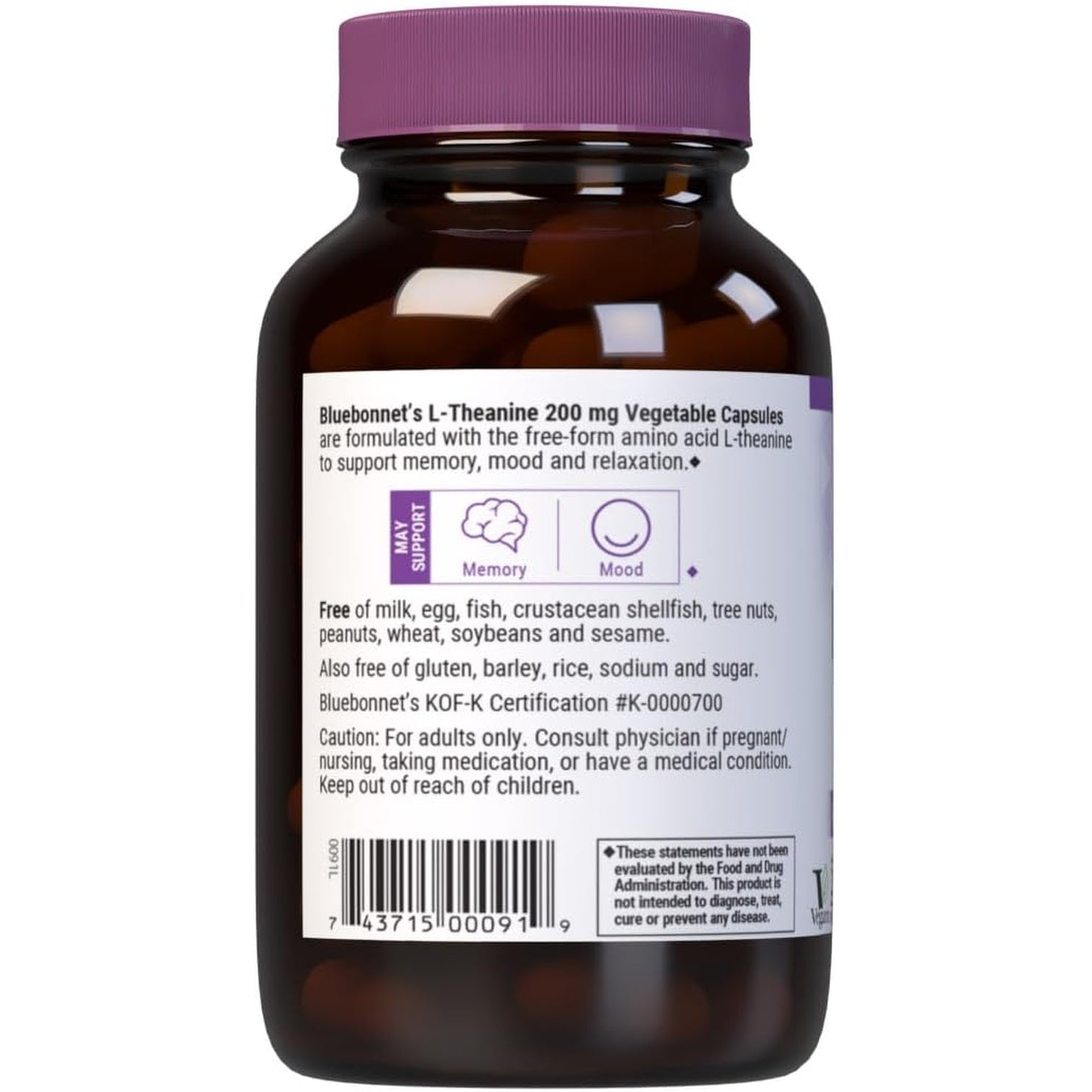 Bluebonnet Nutrition L-Theanine 200Mg, Free-Form Amino Acid, Promotes Relaxation*, Soy-Free, Gluten-Free, Non-Gmo, Kosher Certified, Vegan, 60 Vegetable Capsules, 60 Servings