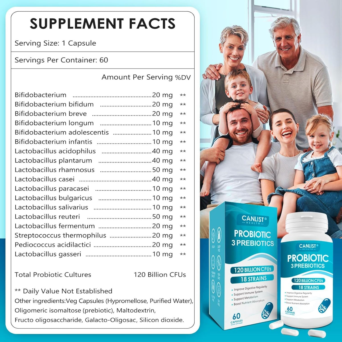 CANLIST Probiotics 120 Billion Cfus 18 Strains, 3 Prebiotics & Digestive Enzymes for Men Women,Digestive & Immune Support,Shelf Stable Non-Gmo 120 Capsules