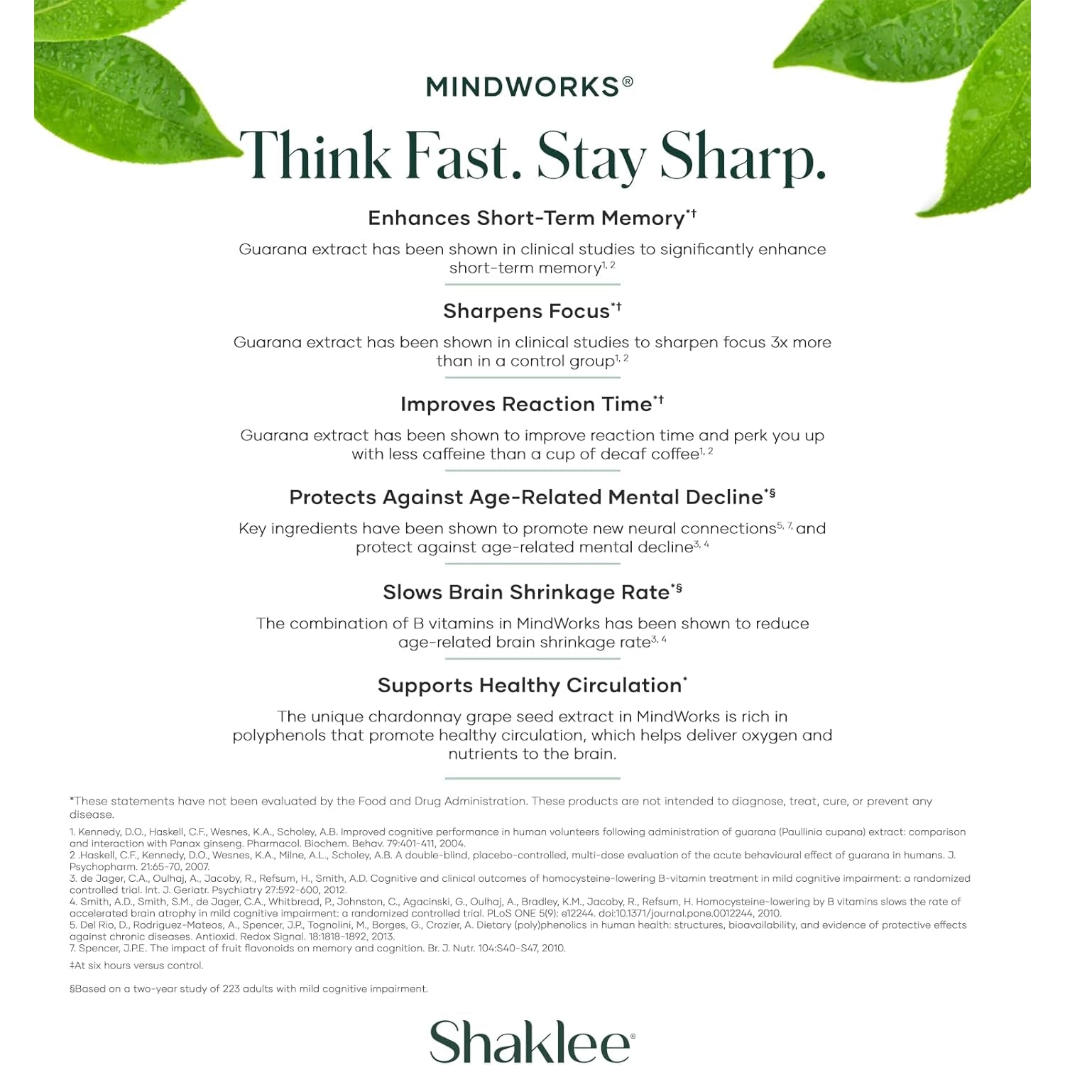 Shaklee Mindworks® - Brain Health Supplement for Brain Sharpness & Focus - Supported Nutrients & Extracts - Chardonnay Grape Seed Polyphenols, Guarana Extract, Vitamins B6, B12, Folate - 30 Tablets