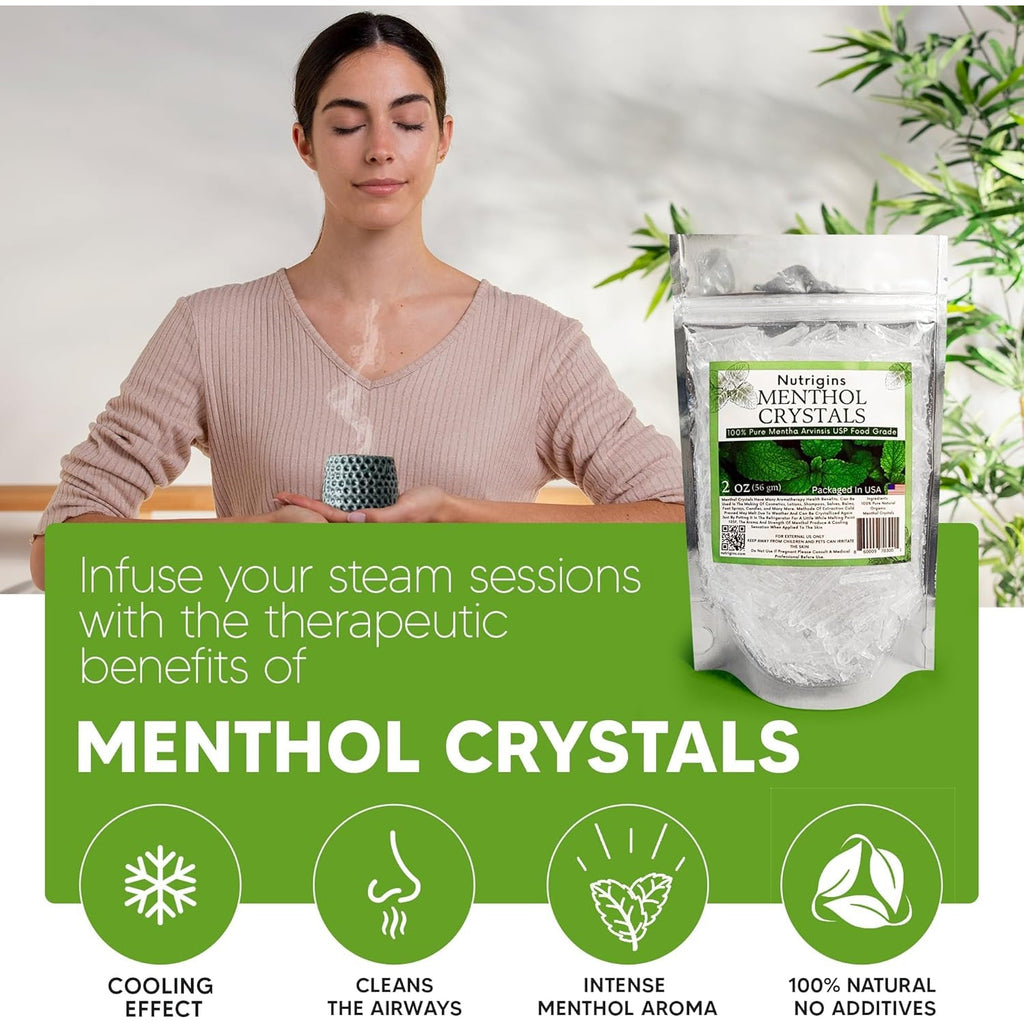 Menthol Crystal 2 Oz - Pure Organic 100% Natural - Menthol Crystals from Mint Crystal Mints Mentha Arvensis - Comes in Resealable Standup Bag for Long-Lasting Freshness