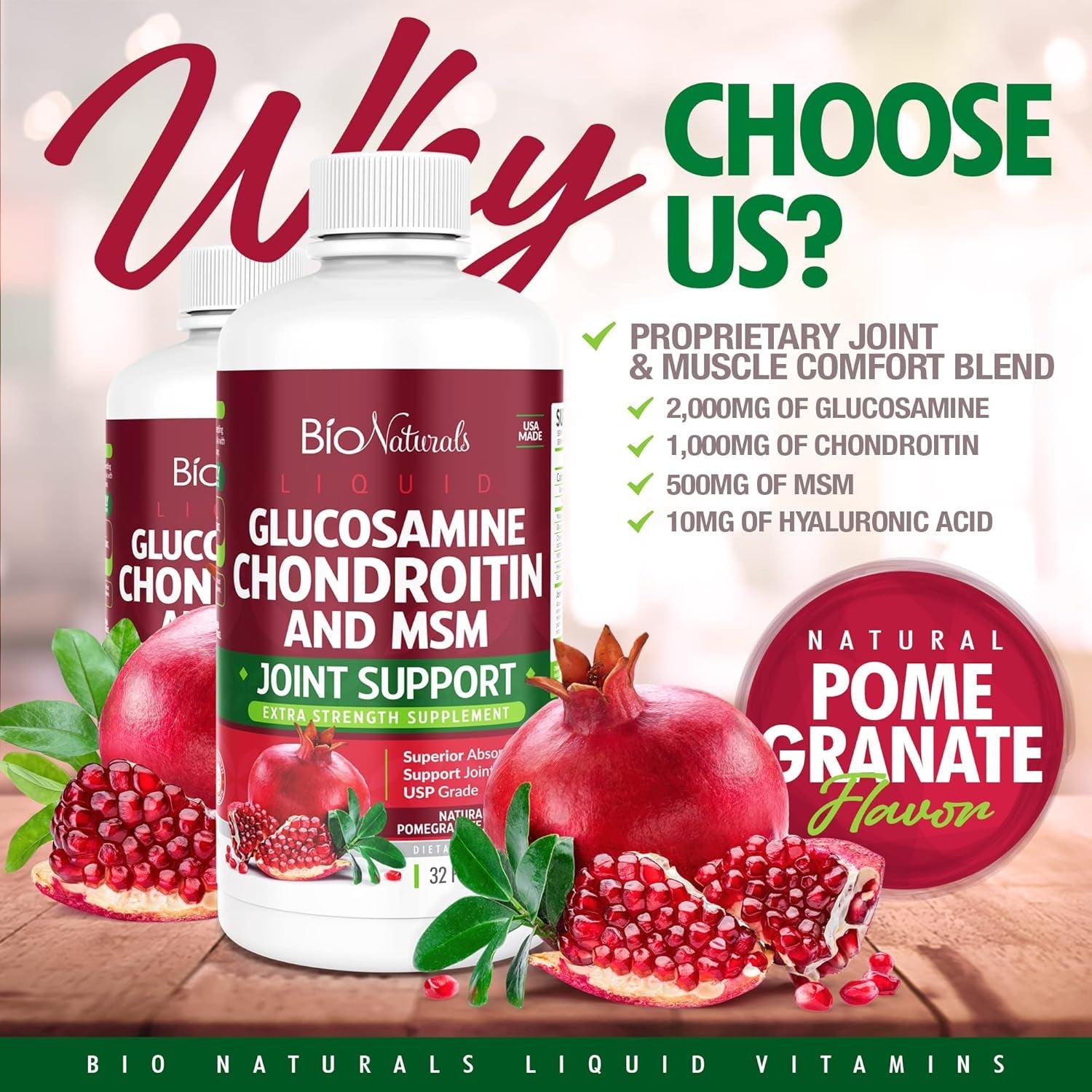 Liquid Glucosamine Chondroitin MSM Pharmaceutical Grade Supplement with Hyaluronic Acid – Maximum Strength Joint Support - 32 Fl Oz