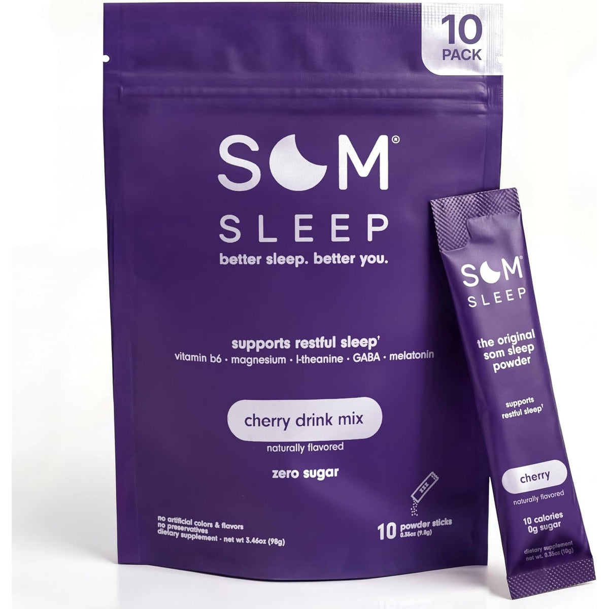 Som Sleep, Restful Sleep Powder Drink Mix W/Melatonin, Magnesium, Vitamin B6, L-Theanine & GABA – Vegan, Zero Sugar, Keto Friendly – Cherry, 10-Pack