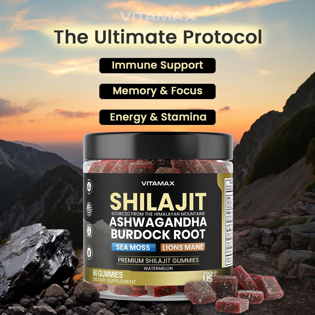 Pure Shilajit Gummies, Sea Moss, Ashwagandha, 105+ Trace Minerals – Organic Burdock Root & Lions Mane Mushroom – Watermelon Flavor - Vegan & Non-Gmo – Made in USA – 60Ct