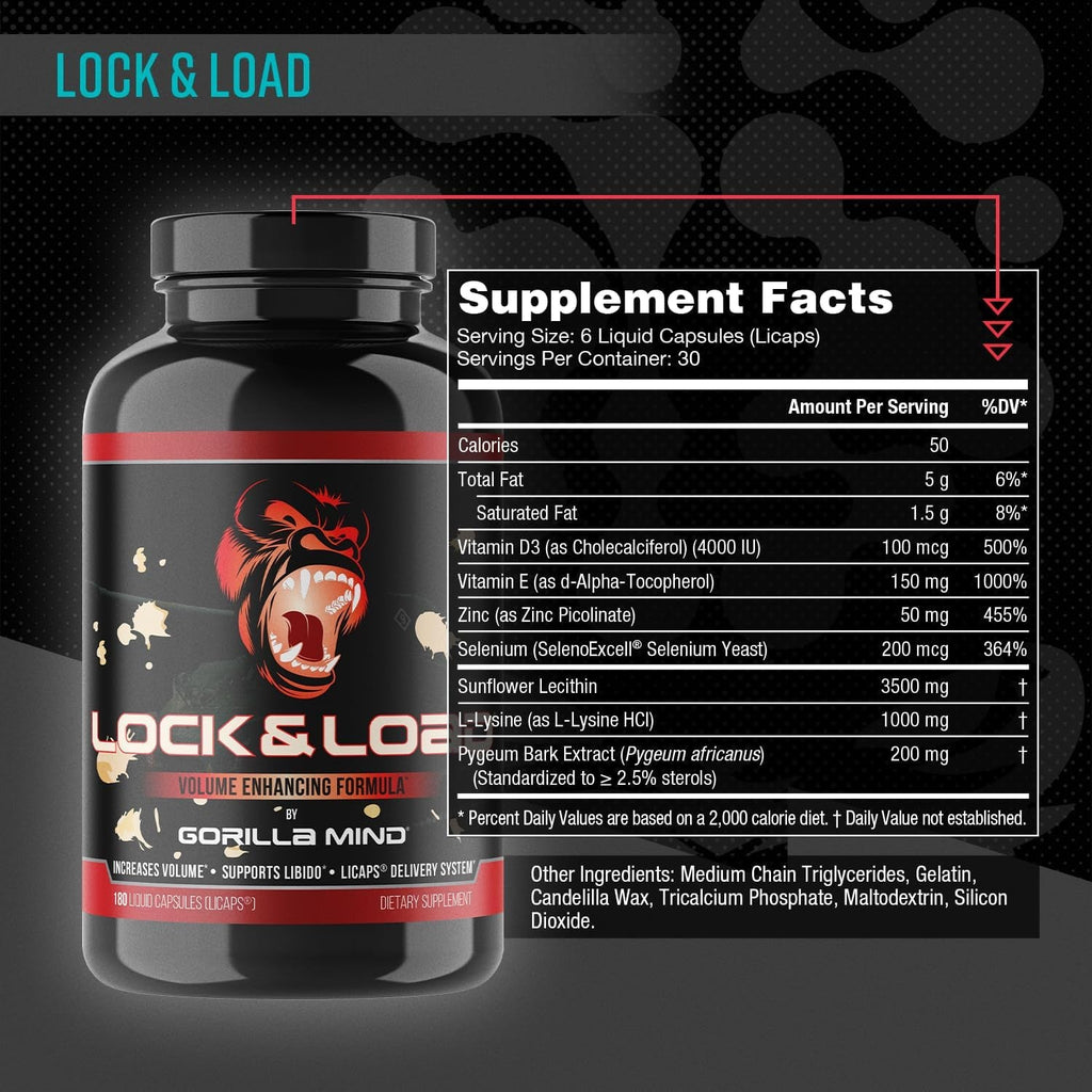 Gorilla Mind Lock & Load® - Semen Volume & Quality Support | Libido · Erection Quality · Pleasure | Sunflower Lecithin, Pygeum, L-Lysine | Licaps® Delivery | 180 Capsules