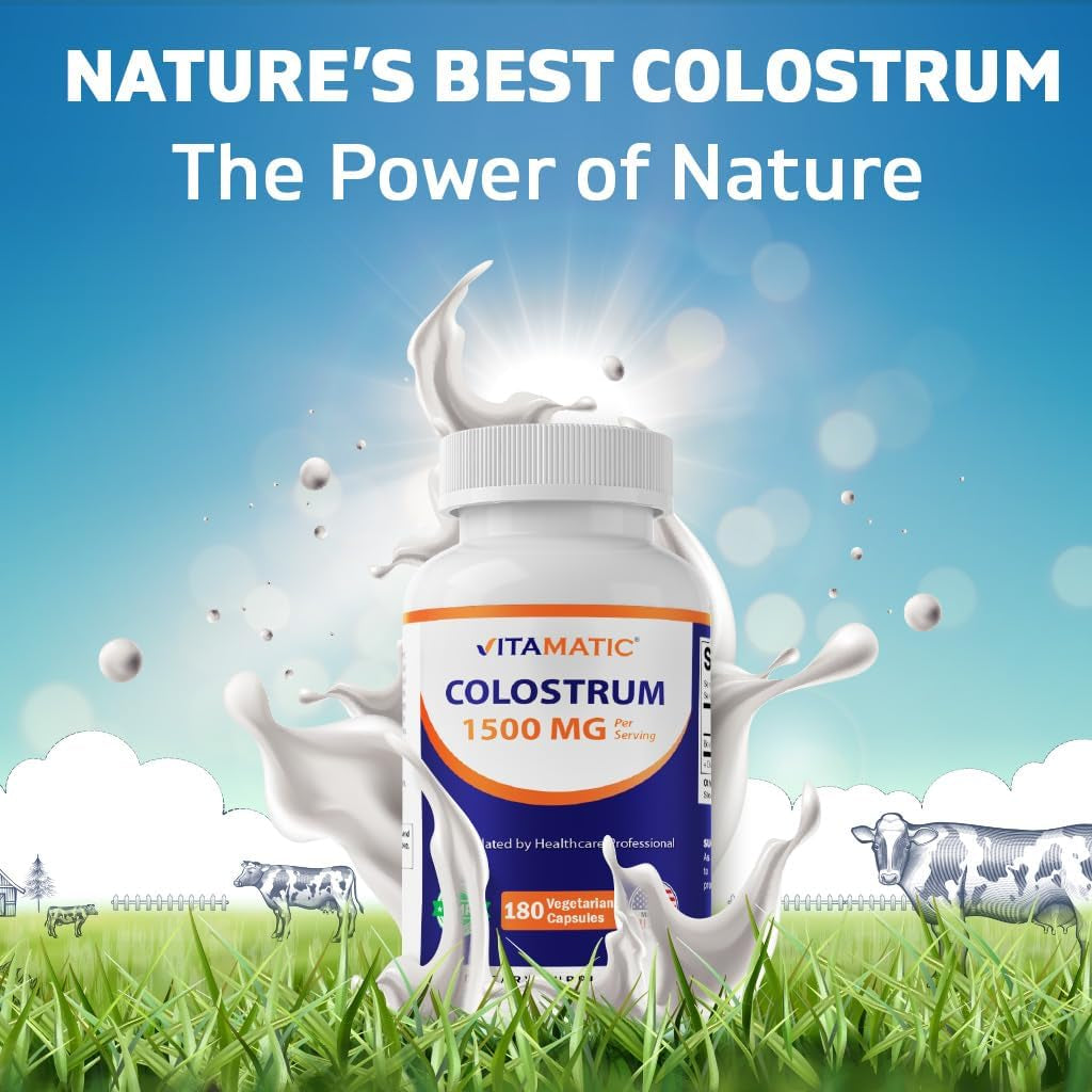 Vitamatic Bovine Colostrum 30% Igg Supplement 1500 Mg per Serving - Supplement for Gut Health, Hair Growth, Beauty, Muscle Recovery, & Immune Support - 180 Veg Capsules