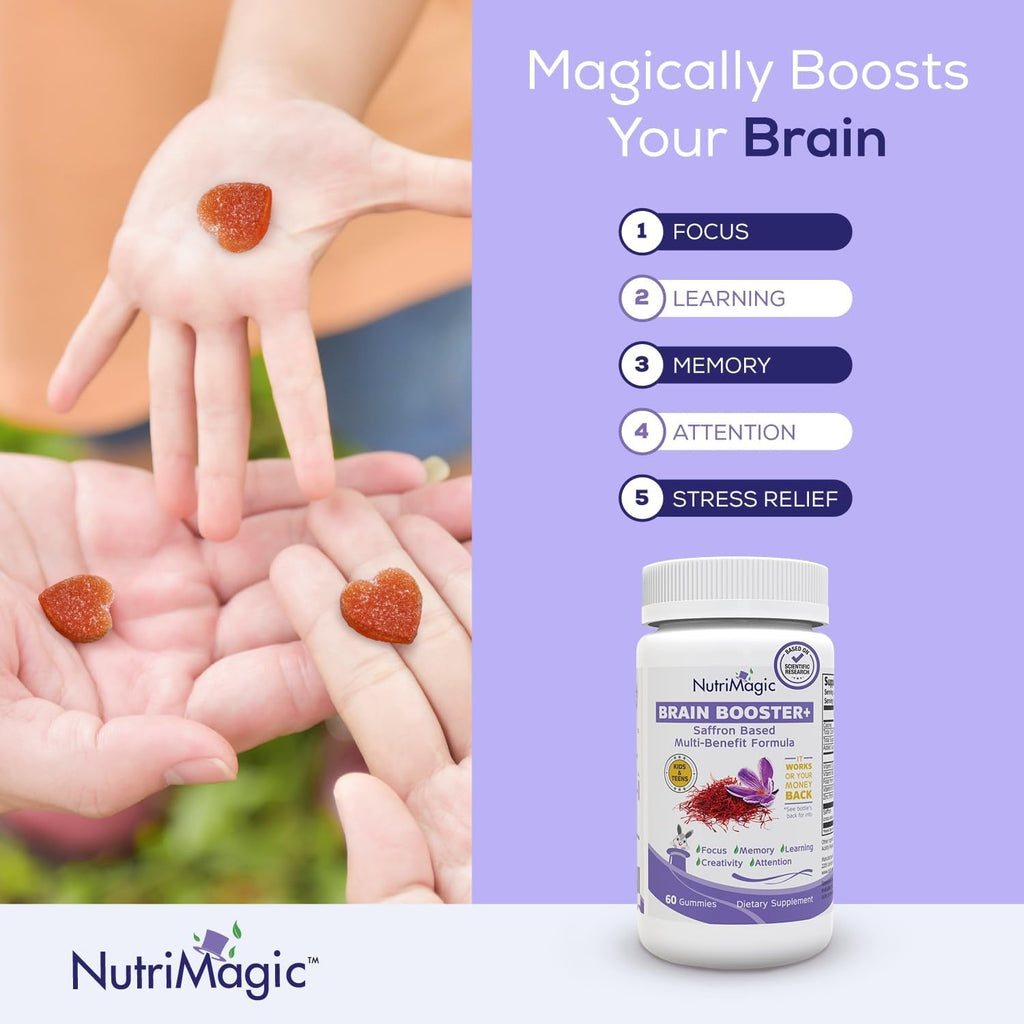 Nutrimagic Kids Brain Booster+ 30Mg Pure Saffron Extract Gummies & Multivitamin D3, B6, B12, Zinc, Supports Kids Brain Health, Focus, Memory, Attention, Mood Balance, Non-Gmo Supplement, 30X Servings