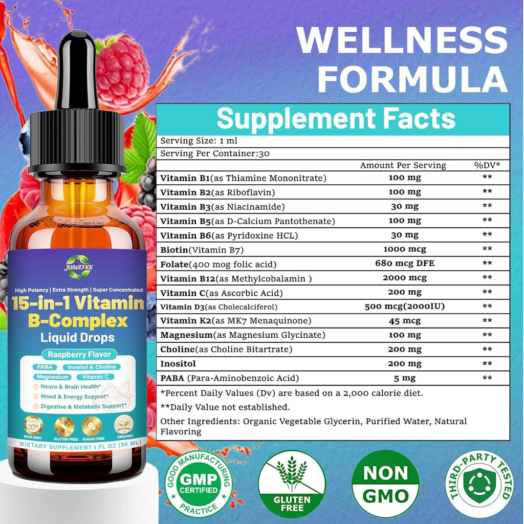 Advanced Vitamin B Complex Liquid Drops for Women Men & Kids, 15-In-1 VIT B Complex with Vitamin C B12 B6 B1 Niacin Folate for Brain Nerve Neuropathy Energy Mood Health, Sublingual B-Complex Drops