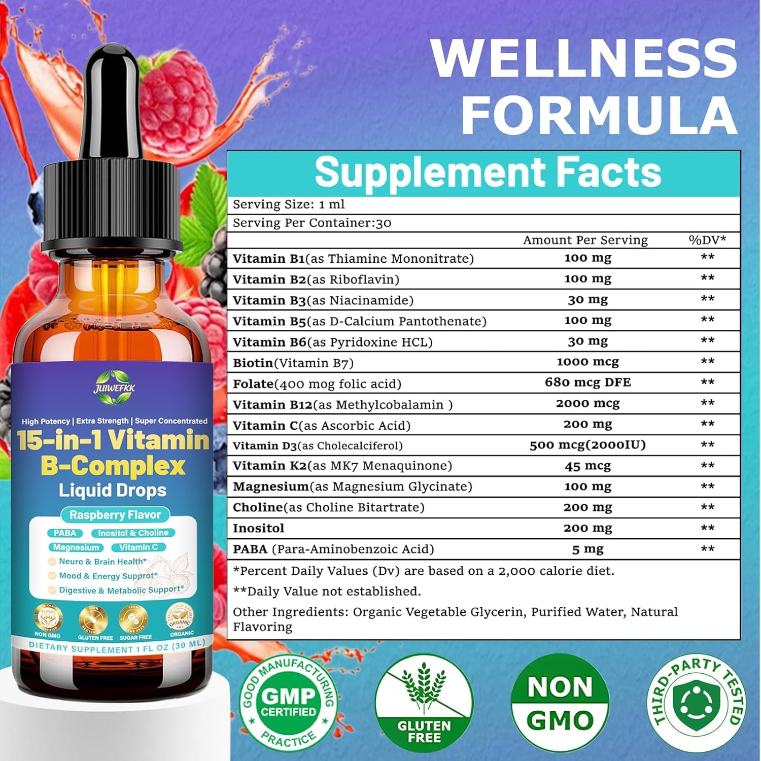 Advanced Vitamin B Complex Liquid Drops for Women Men & Kids, 15-In-1 VIT B Complex with Vitamin C B12 B6 B1 Niacin Folate for Brain Nerve Neuropathy Energy Mood Health, Sublingual B-Complex Drops
